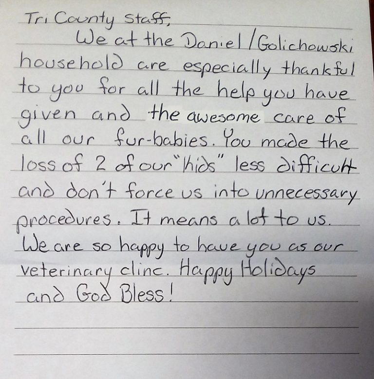Letters of Thanks – Tri-County Veterinary Service